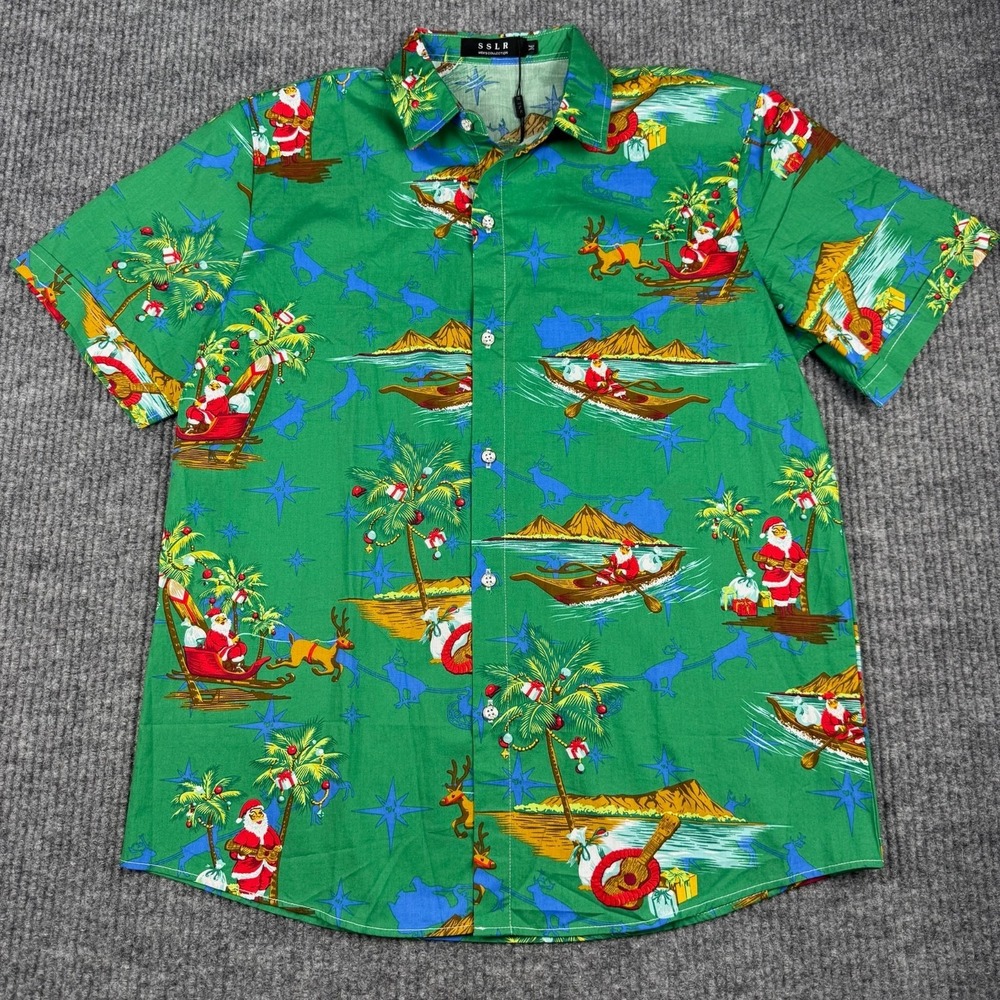 SSLR Button Up Aloha Shirt Mens M Hawaiian Santa‎ Tropical Christmas Novelty